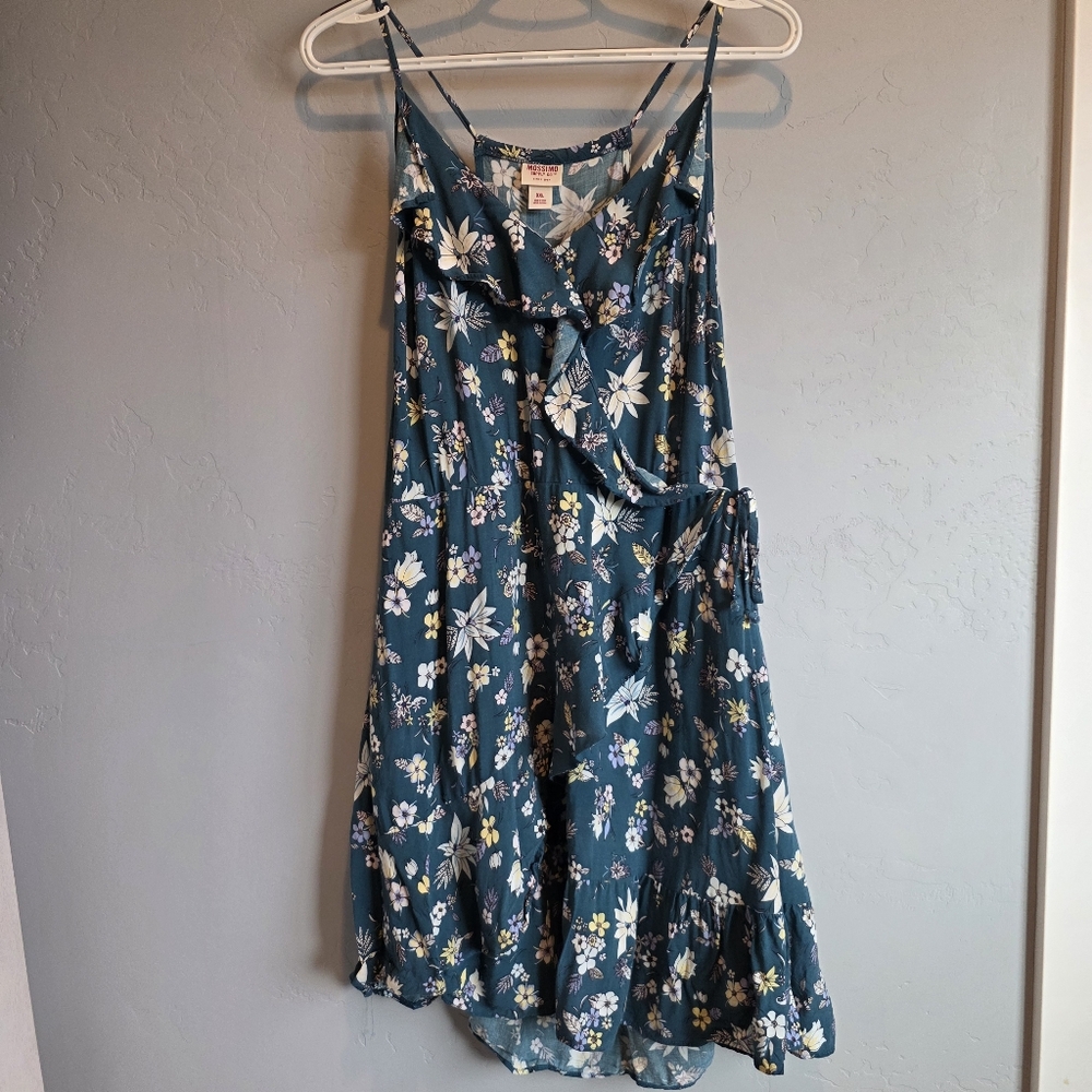 Mossimo Women's Spaghetti Strap Floral Print Dress, Ruffle Hem Green-Blue, XXL